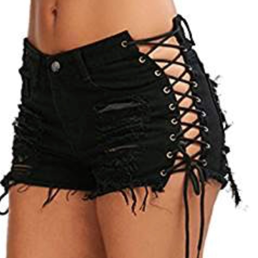 Black corset lace rave goth cut off jean short - Picture 3 of 5
